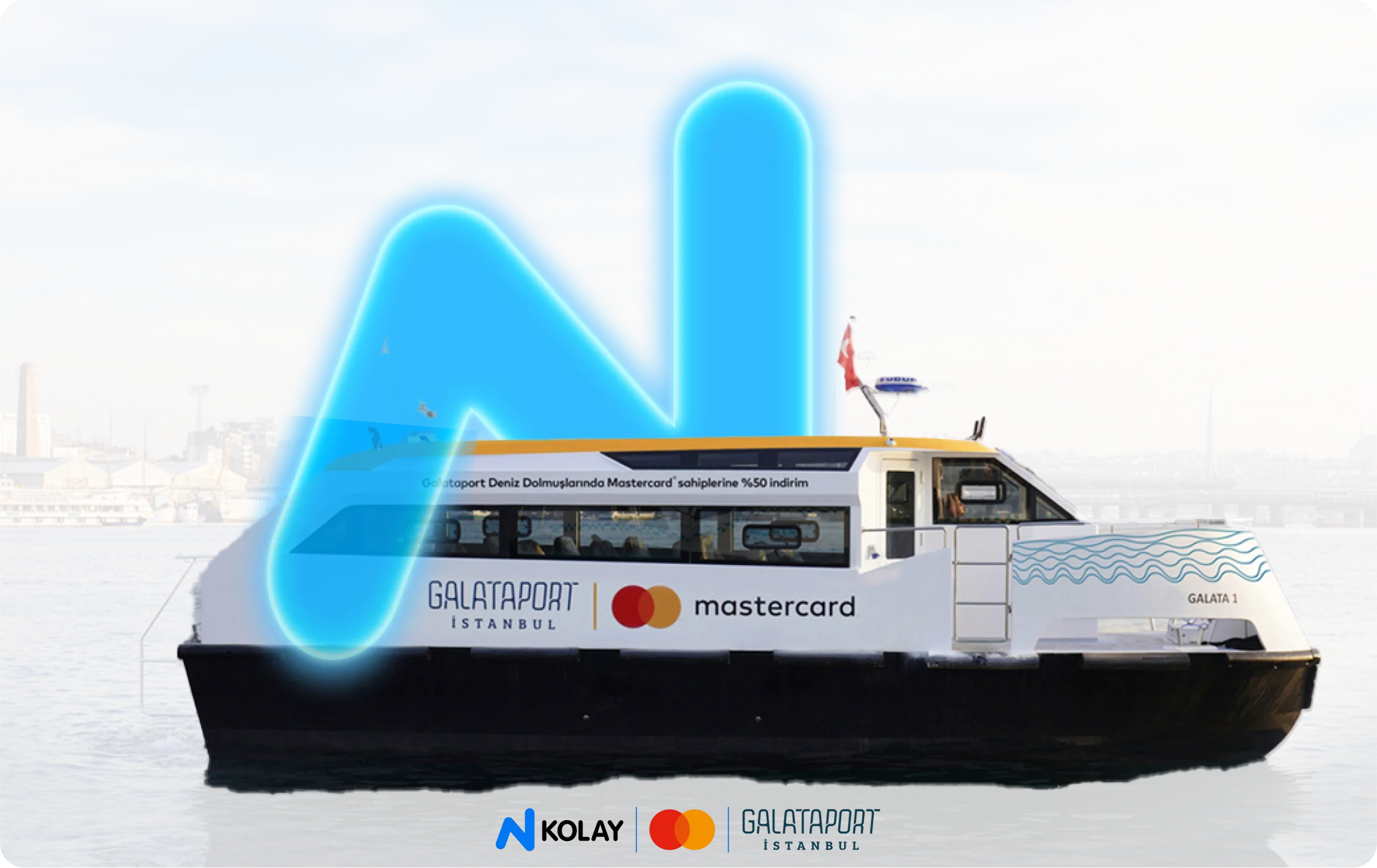 Mastercard® logolu N Kolay kartınla yapacağın Galataport deniz dolmuşu ulaşım harcaman %50 indirimli