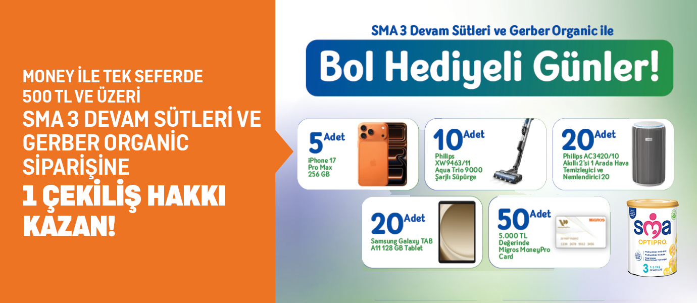500 TL ve katları SMA 3 Devam Sütleri veya Gerber Organic Siparişine 1 Çekiliş Hakkı