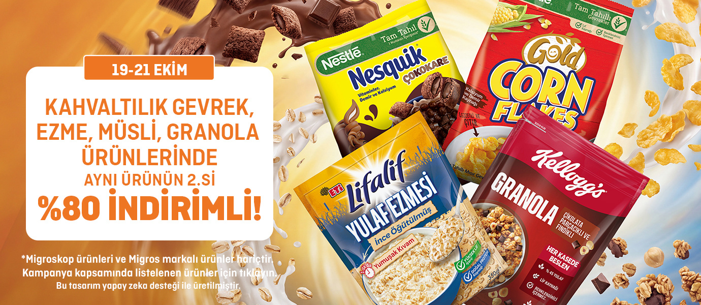 Kahvaltılık Gevrek, Ezme, Müsli, Granola Ürünlerinde Aynı Ürünün 2.si %80 İndirimli